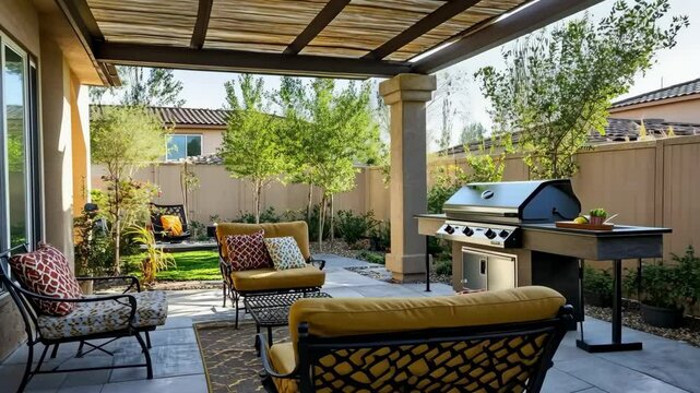 A cozy backyard patio with wicker furniture with cushions and a large grill. Generative 4k video