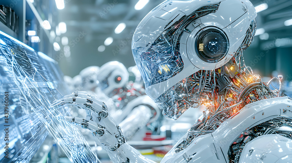 Poster a futuristic robot interacts with a digital interface showcasing advanced technology. this could be 