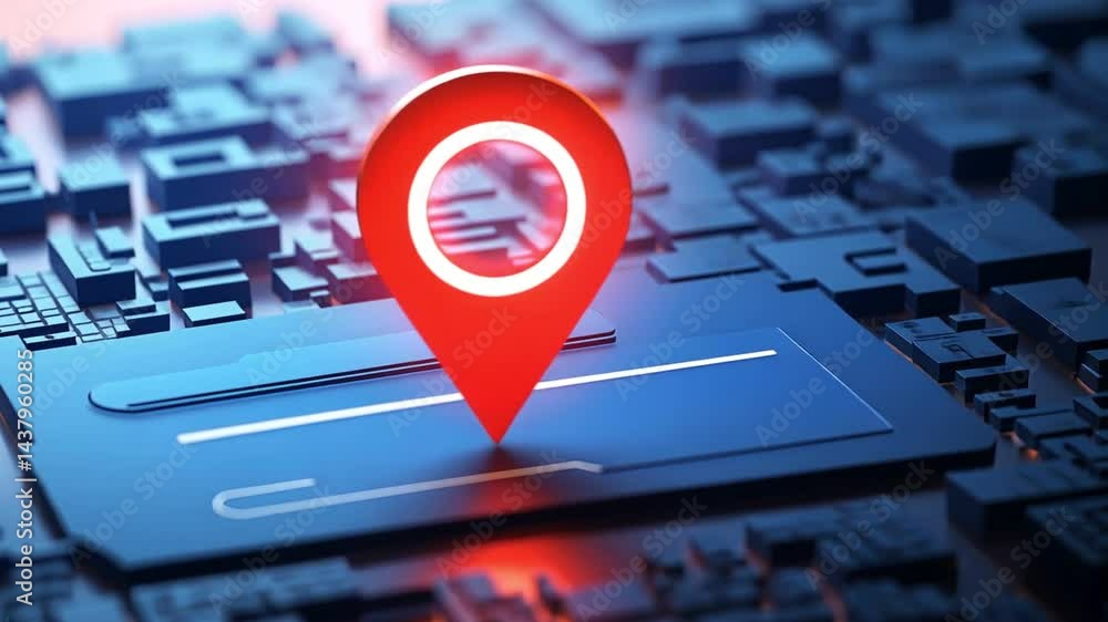 Poster digital map marker technology in vibrant city, enhancing navigation and location services with futur