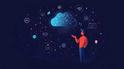 Man observing a cloud computing network with data visualization and various icons.