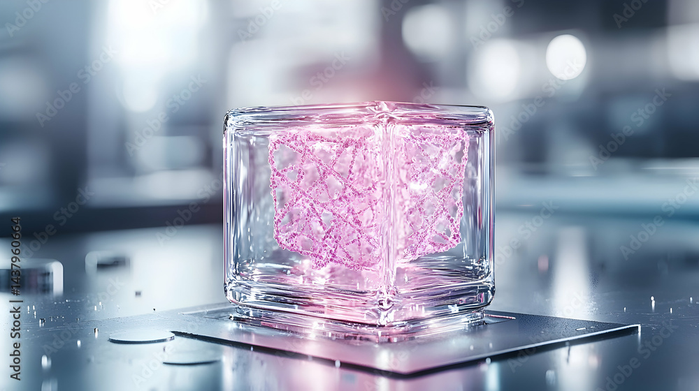 Poster an artistic image of a glowing structure encapsulated in glass. it might represent scientific resear