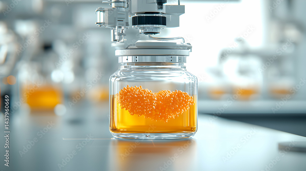 Poster a jar containing a cluster of orange particles sits in a laboratory setting. it depicts scientific r