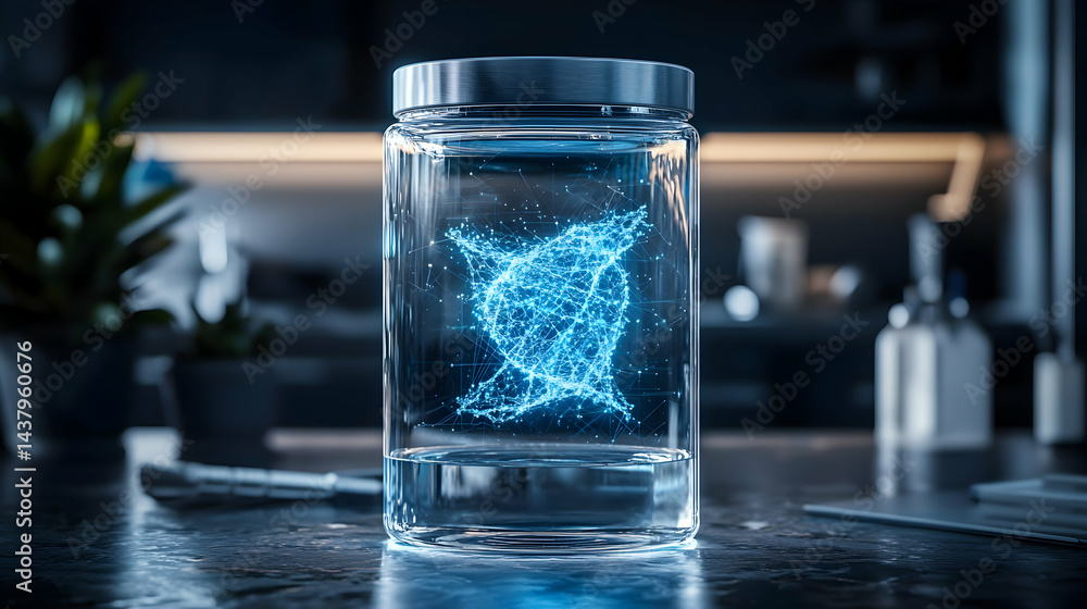 Poster a jar containing a glowing network suggests data storage or digital consciousness. this image is sui
