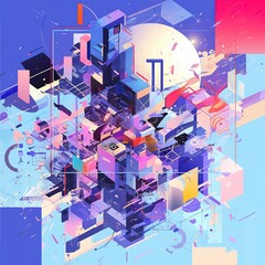 Abstract futuristic geometric pattern with minimalist design, digital art background featuring modern technology concept. 