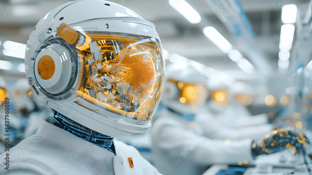 Poster futuristic robots working in a factory setting. a striking image depicts advanced technology and pot