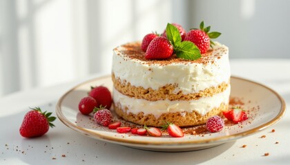 Delicious strawberry cream cake kitchen food photography bright setting close-up dessert inspiration (gigapixelstandard)