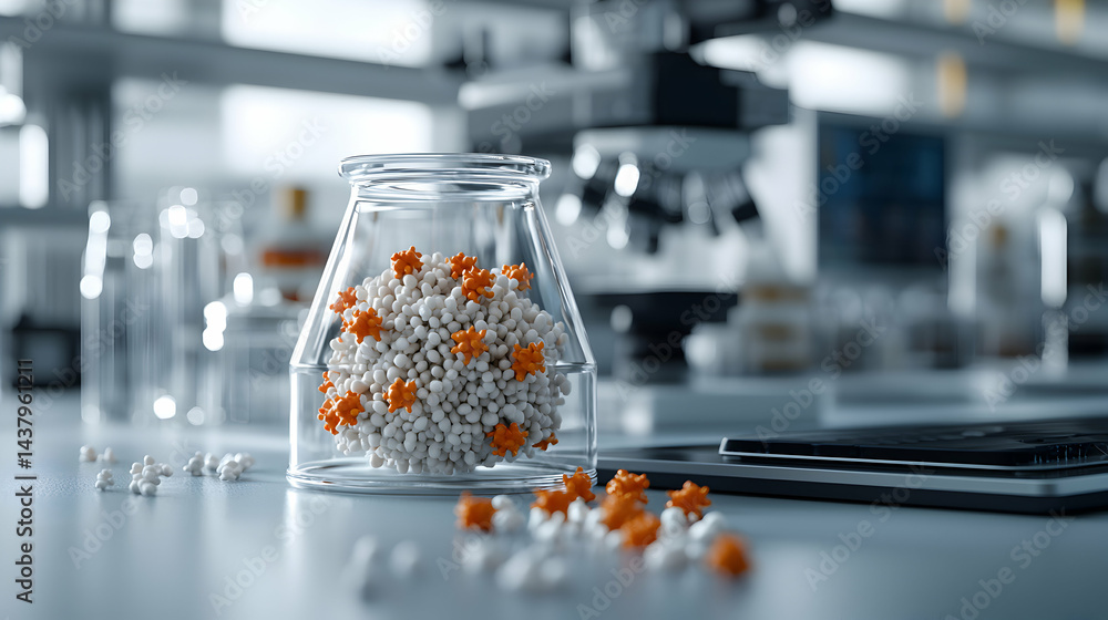Poster a lab setting with a glass container holding white spheres and orange structures resembling viruses.