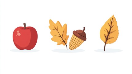 Autumn harvest apple, leaves, acorn; fall design element