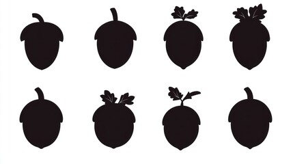 Acorns collection. Isolated row of oak nut silhouettes for illustration or design