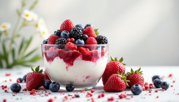 Delicious berry yogurt parfait kitchen food photography bright environment close-up view healthy dessert concept