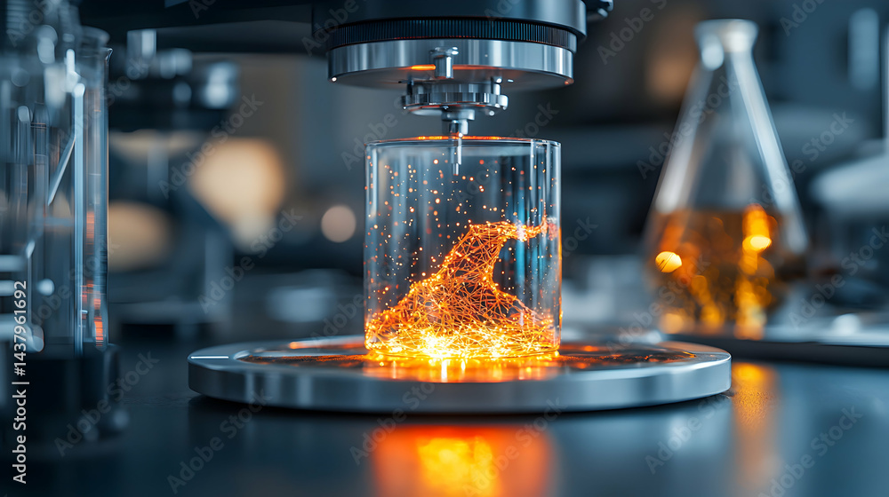 Poster a futuristic lab scene showcases scientific exploration with glowing particles. it could be used for