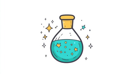 Magical potion in glass bottle, sparkling dust, white background; website, app, game