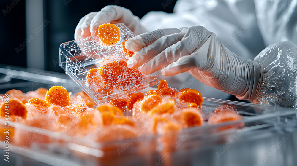 Poster scientist transfers orange circular objects. the image shows the handling of cells potentially in a 