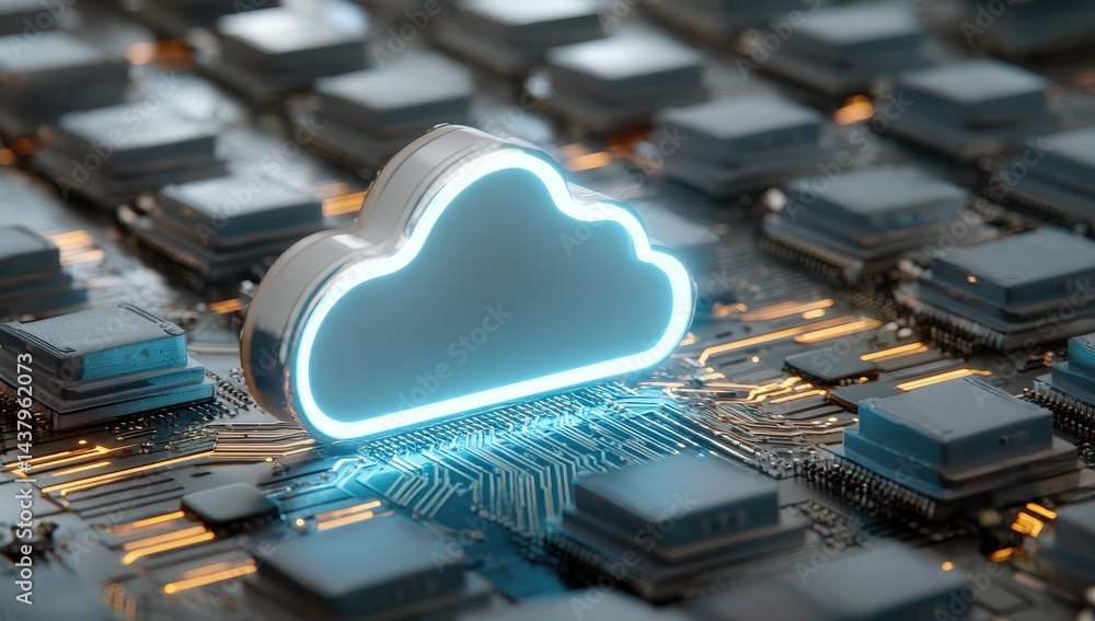 Aufkleber cloud computing concept: illuminated cloud symbol on circuit board