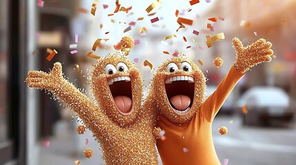 Cheerful, textural characters joyfully celebrate with confetti in a sunlit cityscape background