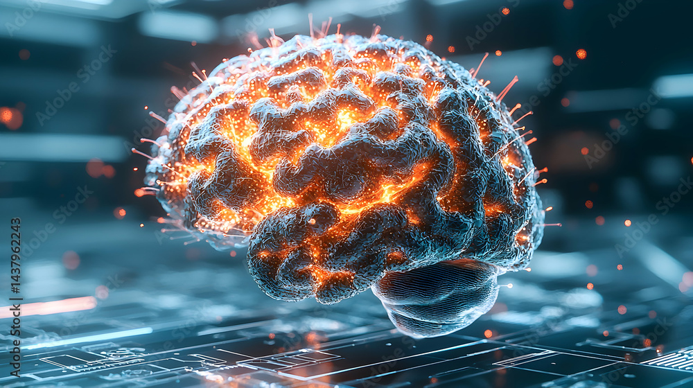 Poster an artistic illustration depicts an illuminated glowing brain suggesting intelligence and cognitive 