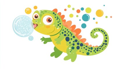 Fototapeta premium Cute lizard blowing bubbles