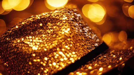 Golden sequin party hat against warm lights