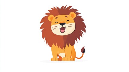 Happy cartoon lion sitting, white background, children's book illustration