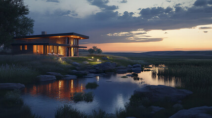 Fototapeta premium serene home by tranquil stream under dramatic twilight sky, glowing lights enhance beauty