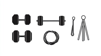 Gym equipment icons; dumbbells, barbell, rope, resistance bands; white background; fitness infographic