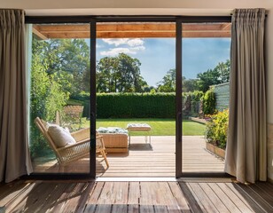 beautiful garden and patio in summer seen from stylish designer room through bifold doors