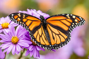 Naklejka premium A Monarch butterfly resting on a violet flower, its wings just slightly open to reveal the beautiful orange and black patterns. Sunlight makes the wings glow.