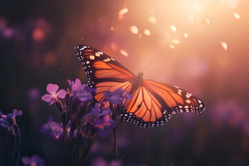 A Monarch butterfly resting on a violet flower, its wings just slightly open to reveal the beautiful orange and black patterns. Sunlight makes the wings glow.