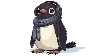 Fototapeta premium Cute penguin wearing headphones and scarf