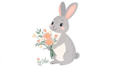 Fototapeta premium Cute gray bunny holding a bouquet of flowers