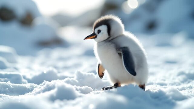 Baby Penguin Walking On Snow in Antarctica Winter Scene