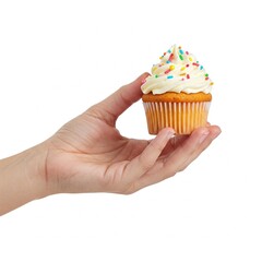 Hand holding a frosted cupcake with colorful sprinkles isolated on white background.