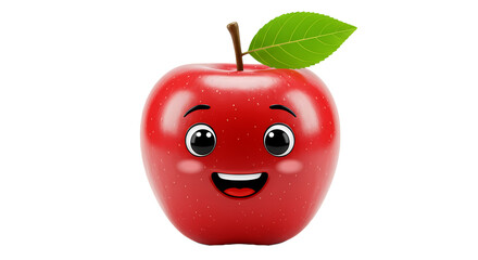 A whimsical, shiny red apple with a cheerful face, stem, and green leaf against a stark black background, conveying a sense of joy and health.