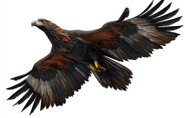 Obraz premium Bald eagle flying with spread wings, isolated on a white background. [Photograph, PNG format, bird, eagle, flight,