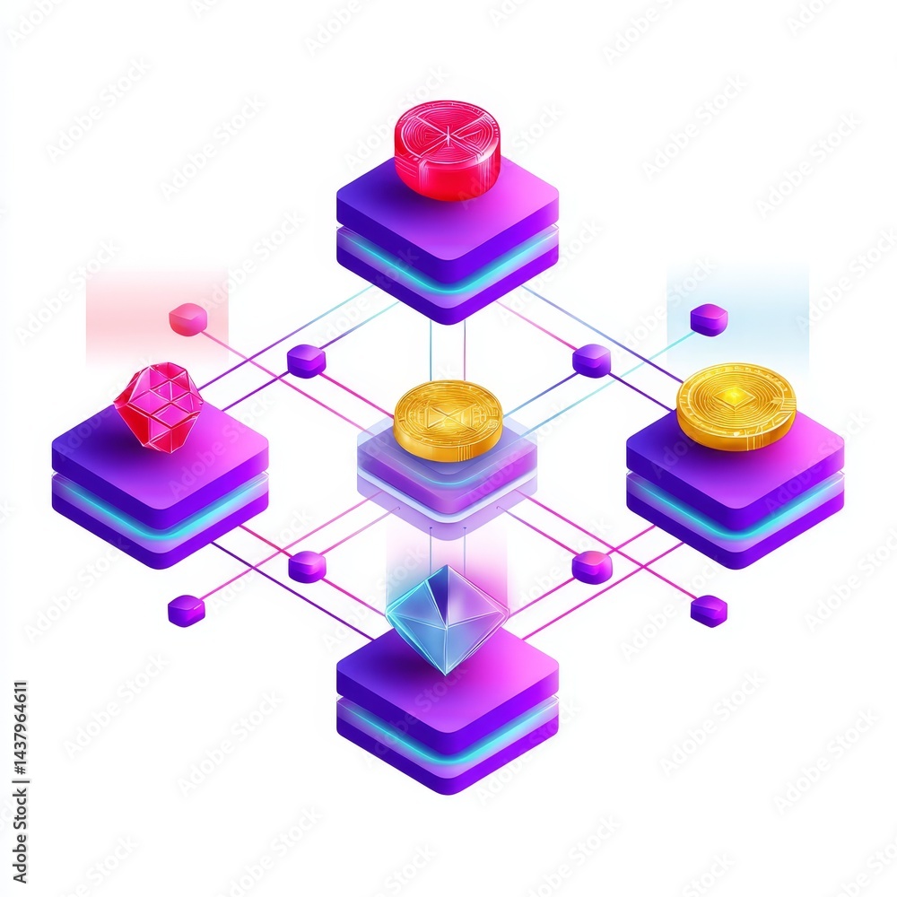 Poster decentralized isometric digital platform virtual environment graphic design innovative technology vi