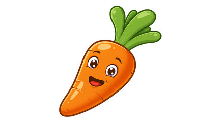 Cartoon illustration of a happy and healthy carrot with lush green leaves, set against a clean black backdrop. Perfect for a vibrant design.
