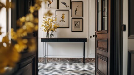 Console table with flowers in a hallway decorated with botanical prints; interior design