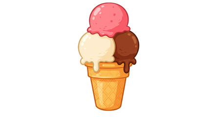 A cartoon drawing of an ice cream cone with three scoops of different flavors: strawberry, vanilla, and chocolate on a black background