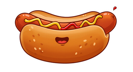 A cartoon hotdog with mustard and ketchup on top, and a smiling bun. It's a fun and delicious-looking illustration, suitable for various uses.