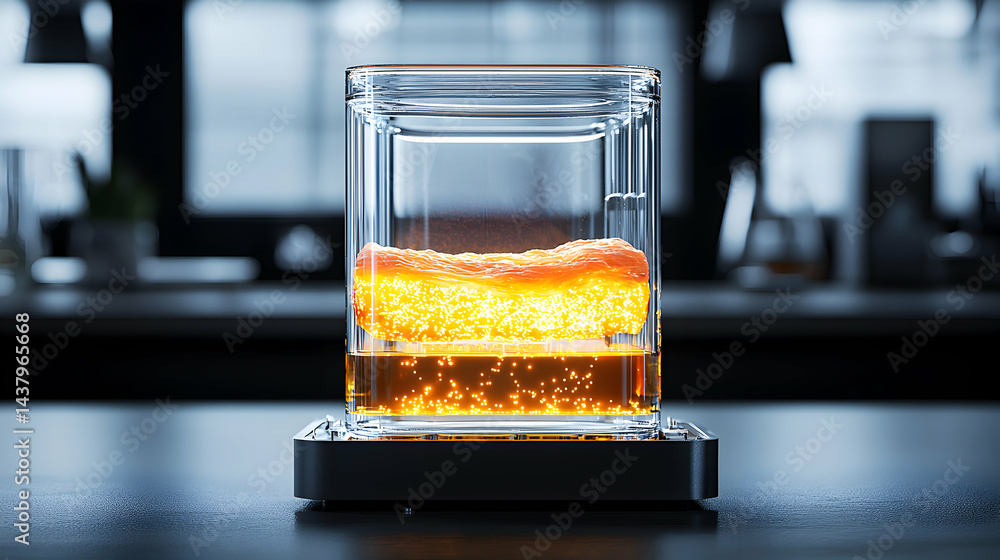 Poster a glowing object encased in glass on a dark surface. this could represent a futuristic energy source