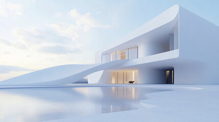 Elegant white villa with modern design concept, featuring clean lines and serene atmosphere