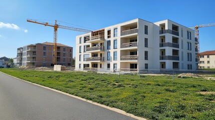 Modern apartment building under construction, cranes visible, sunny day.