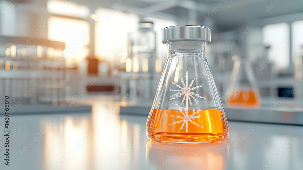Poster a close-up of a flask with an orange liquid and a snowflake design inside a lab. suitable for scienc