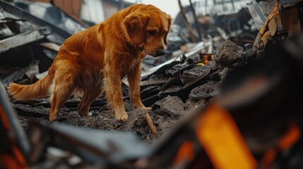 Golden retriever stands amidst devastation, conveying loss and resilience