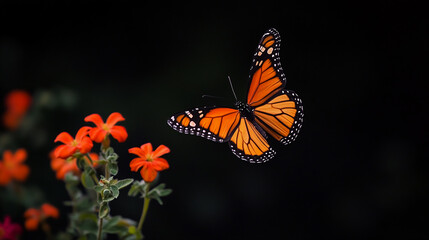 Monarch butterfly in mid-flight, isolated on a black background.