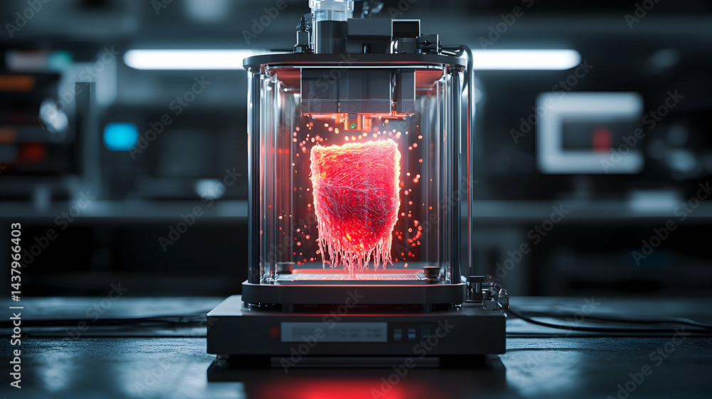 Poster a futuristic machine 3d printing a glowing red structure. possible medical application creating comp