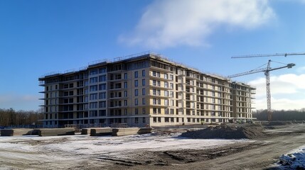 Modern apartment building under construction on a sunny winter day.