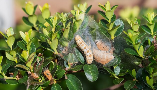 damage caused by caterpillar of the box tree moth on boxwood shrubs in a garden