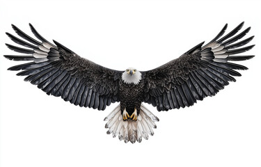 Obraz premium Bald eagle flying with spread wings, isolated on a white background. [Photograph, PNG format, bird, eagle, flight,