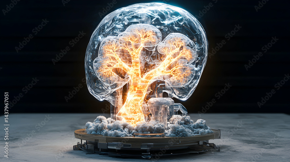 Poster a glowing tree structure contained within a brain shaped glass orb. depicts concepts of thought and 